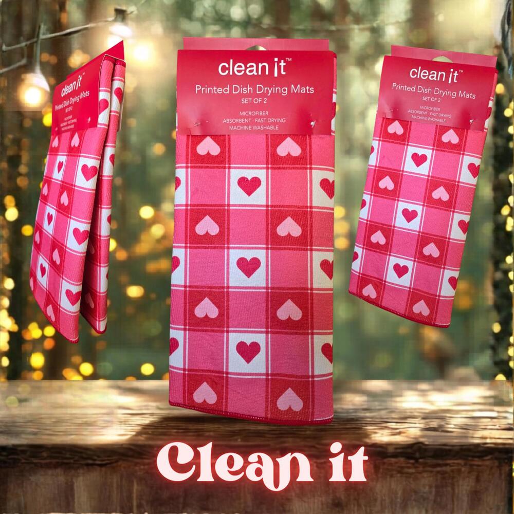 NWT Clean It Heart Print Dish Drying Mats Set of Two